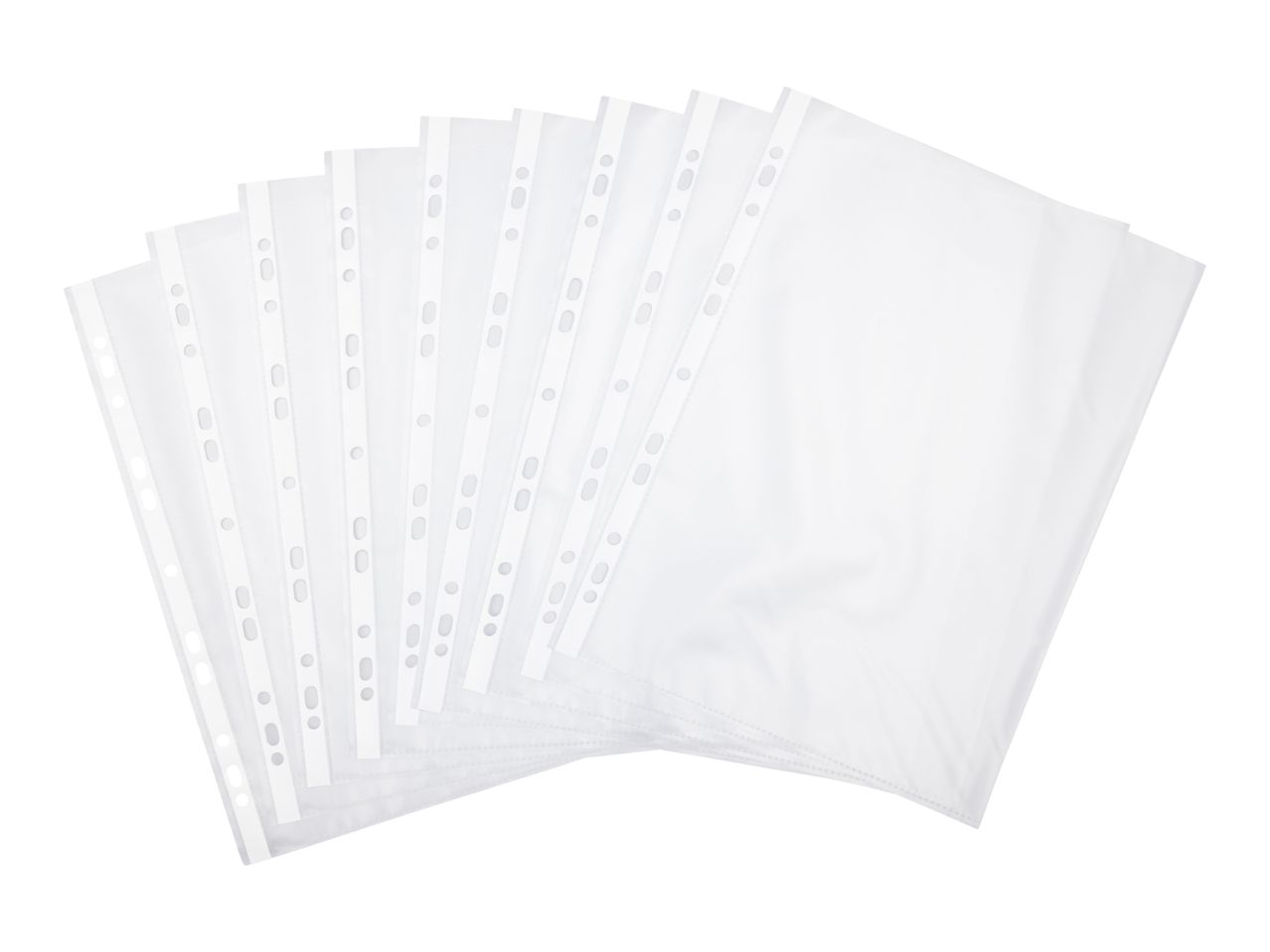 A stack of clear plastic sheet protectors with punched holes for a binder.
