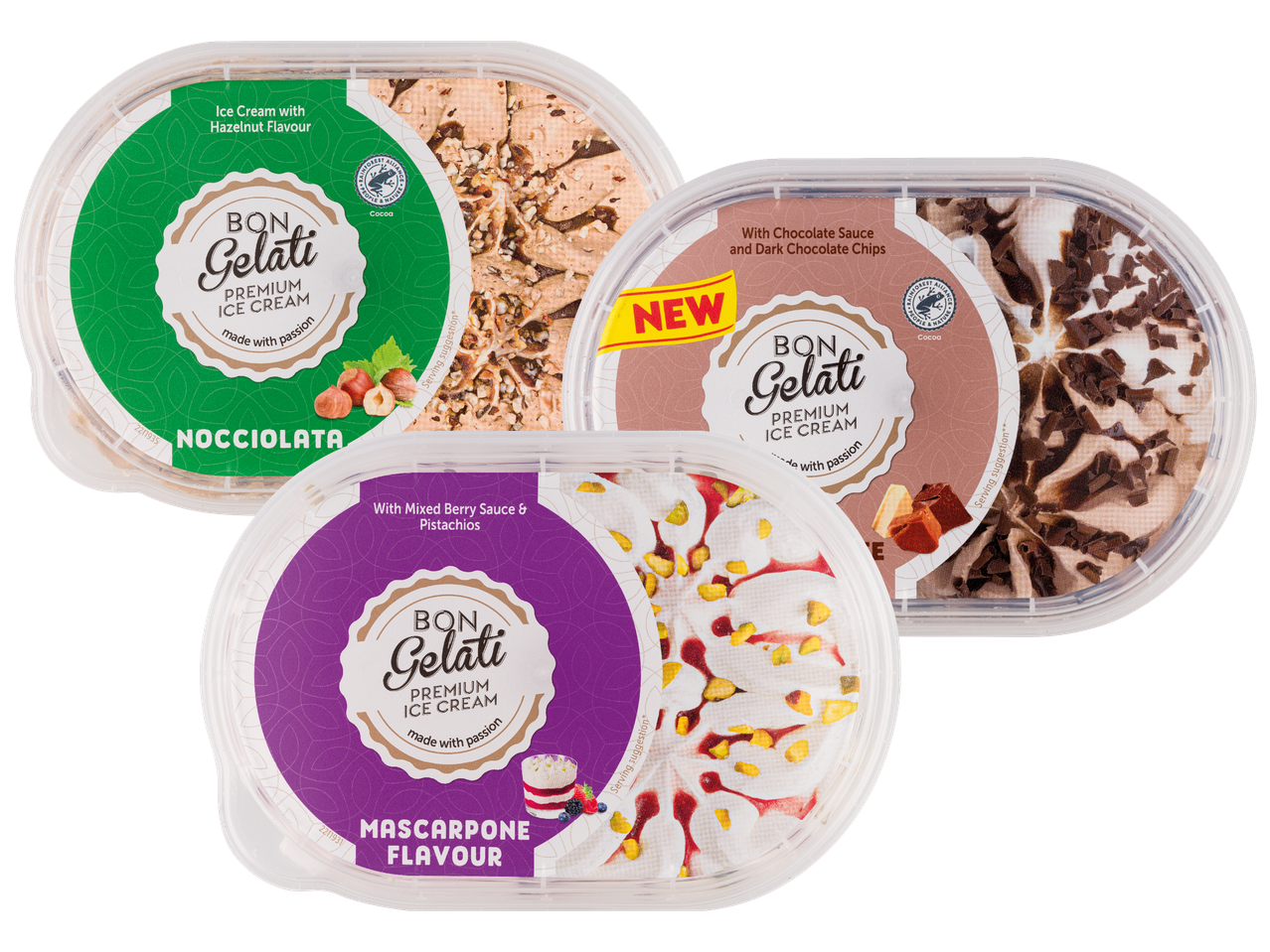 Tre olika smaker av Bon Gelati Dessertglass i sina förpackningar.