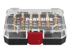Screwdriver bit set in a clear case with red clasp, featuring various gold-colored bits.