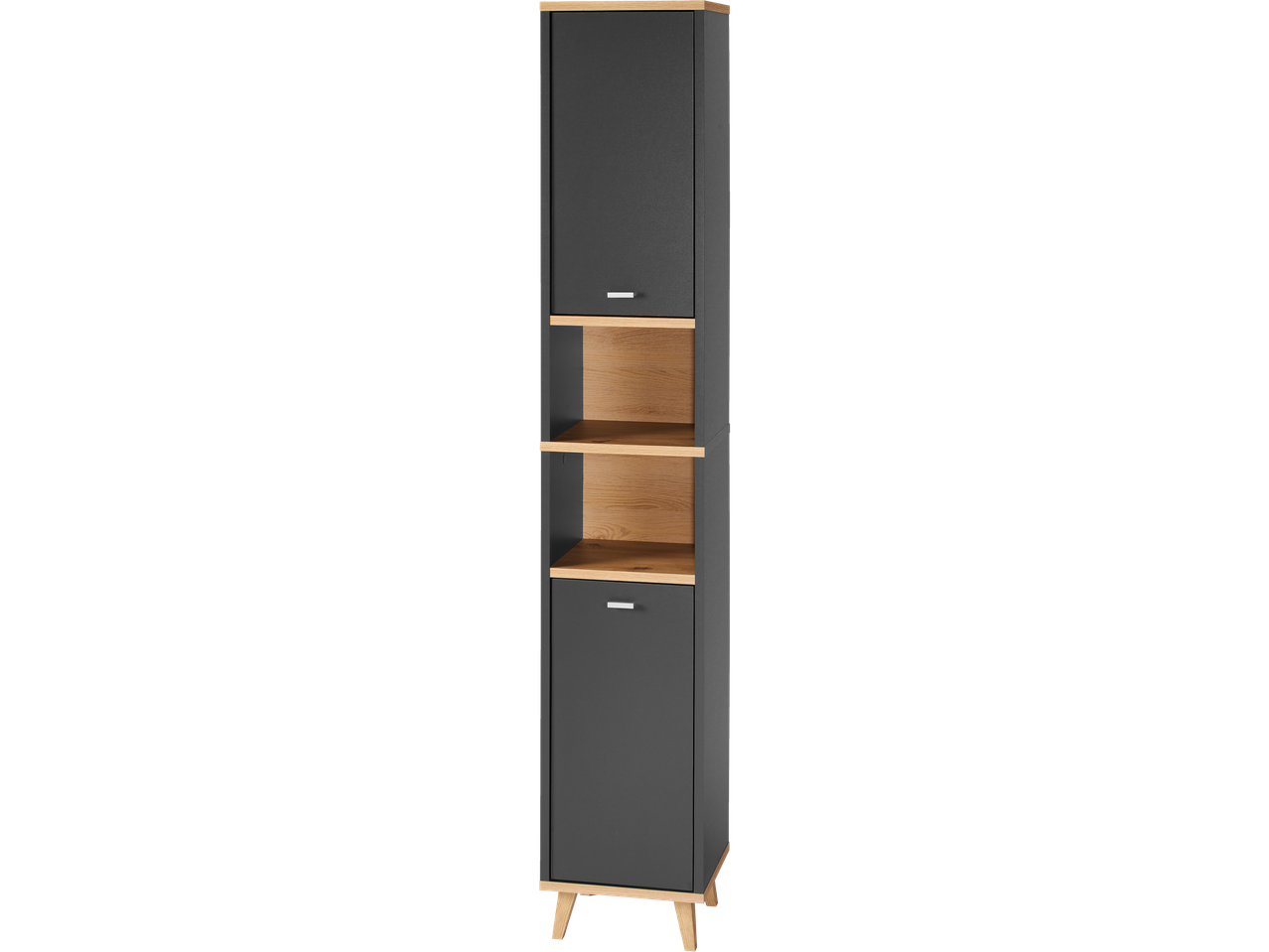 LIVARNO home Corfu Tall Bathroom Cabinet with dark gray doors and natural wood shelves