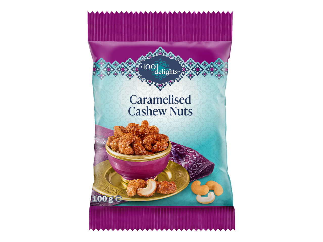 Purple and teal bag of caramelised cashew nuts with a bowl of nuts and loose cashews.