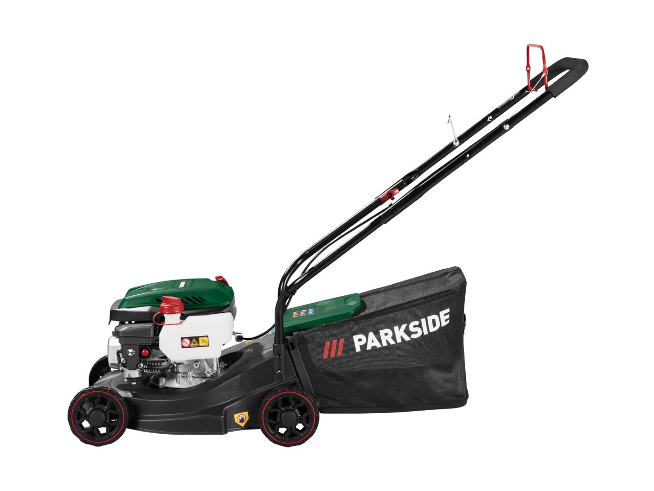 A black and green petrol lawnmower with a grass collection bag.