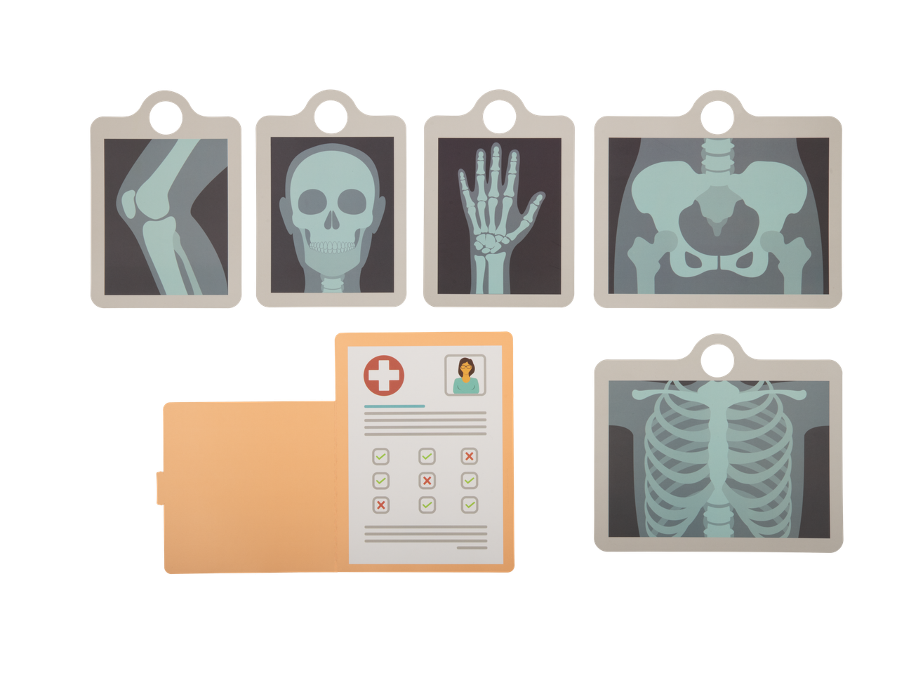 Rentgeno nuotraukos: kaulai, kaukolė, ranka ir medicininė ataskaita.