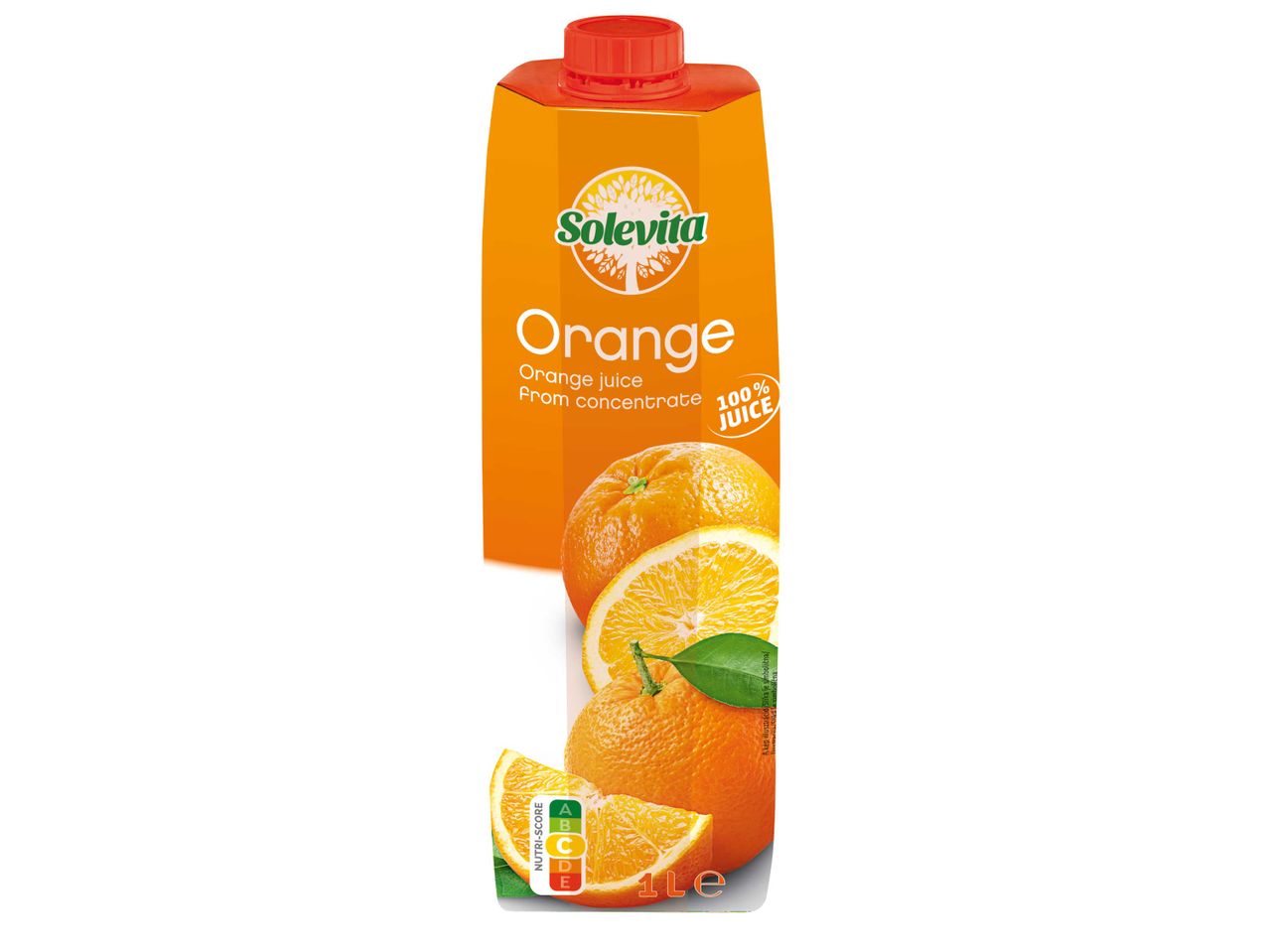 Solevita narancslé 100% gyümölcstartalommal, Nutri-Score címkével.