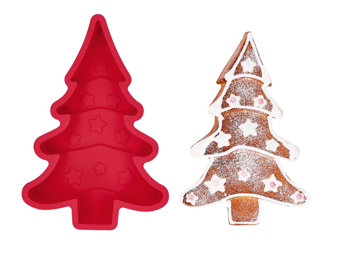 Silvercrest® kalėdinės eglutės kepimo forma ir dekoruotas sausainis.