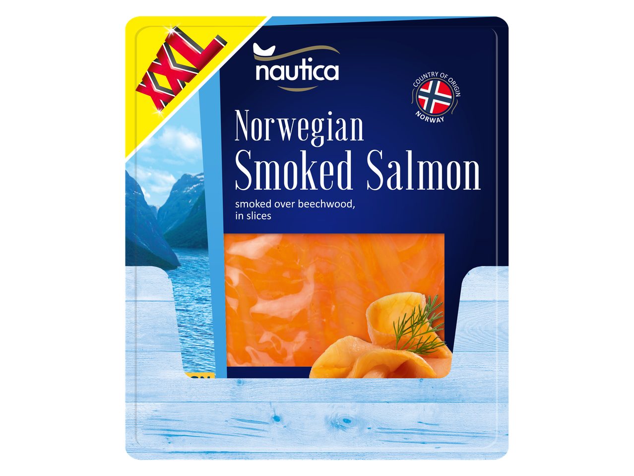 Fatias de Salmão Defumado Norueguês Nautica XXL, defumado em madeira de faia.