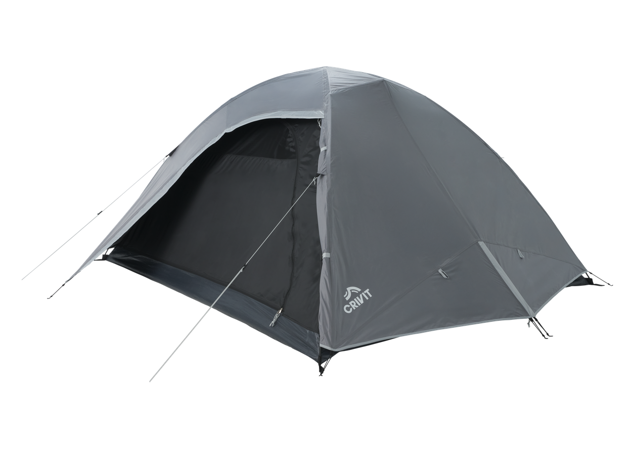 Grey dome tent with an open entrance, showing the dark interior.