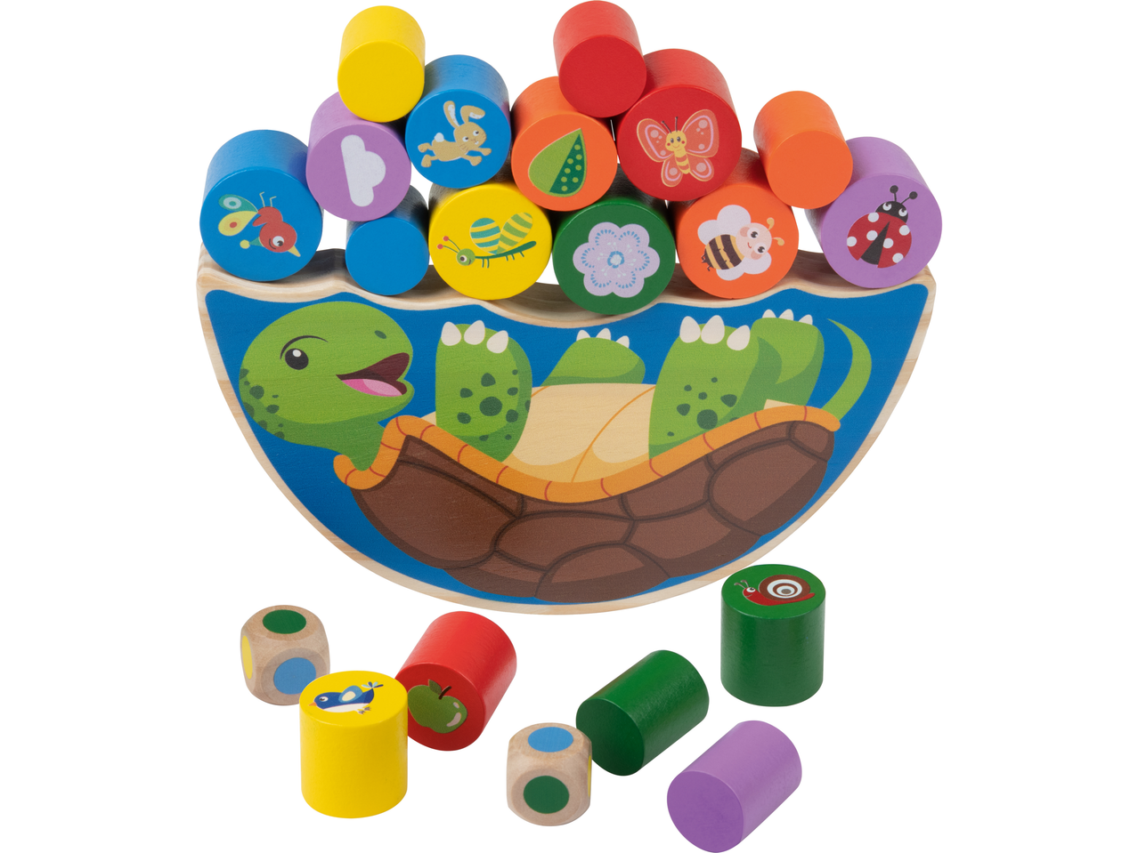 LUPILU® izglītojoša koka rotaļlieta ar šūpojošu bruņurupuci un krāsainiem klučiem.