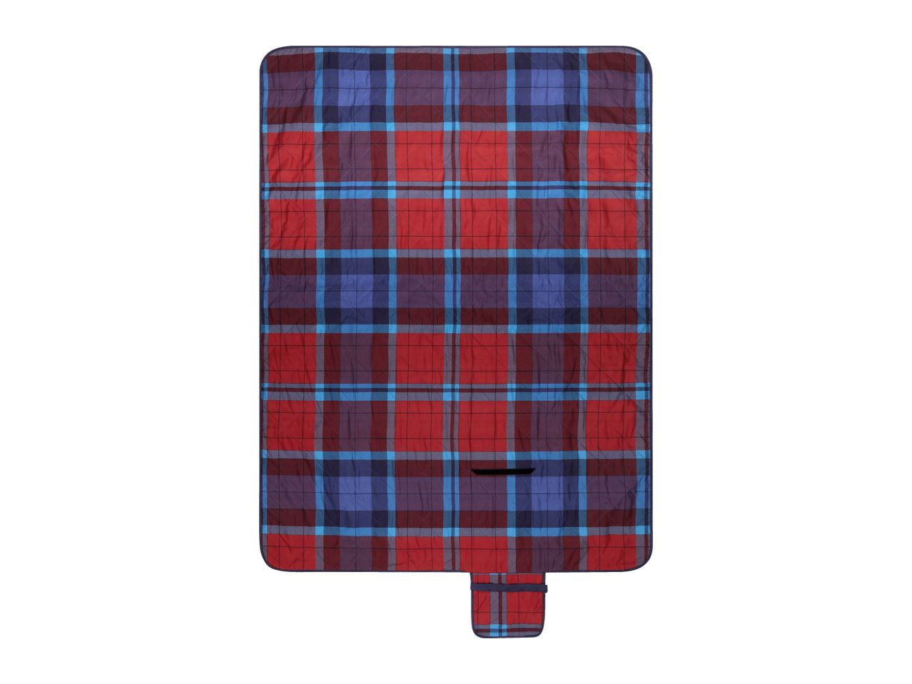 Red and blue plaid picnic blanket with a small pocket and strap.