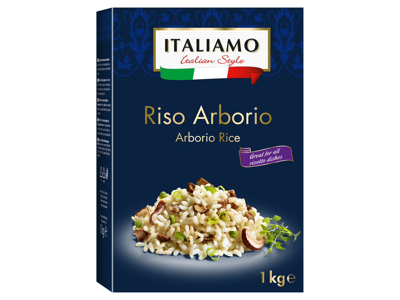 1 kg-os kiszerelésű Arborio rizs kék dobozban, gombás rizottó képével.