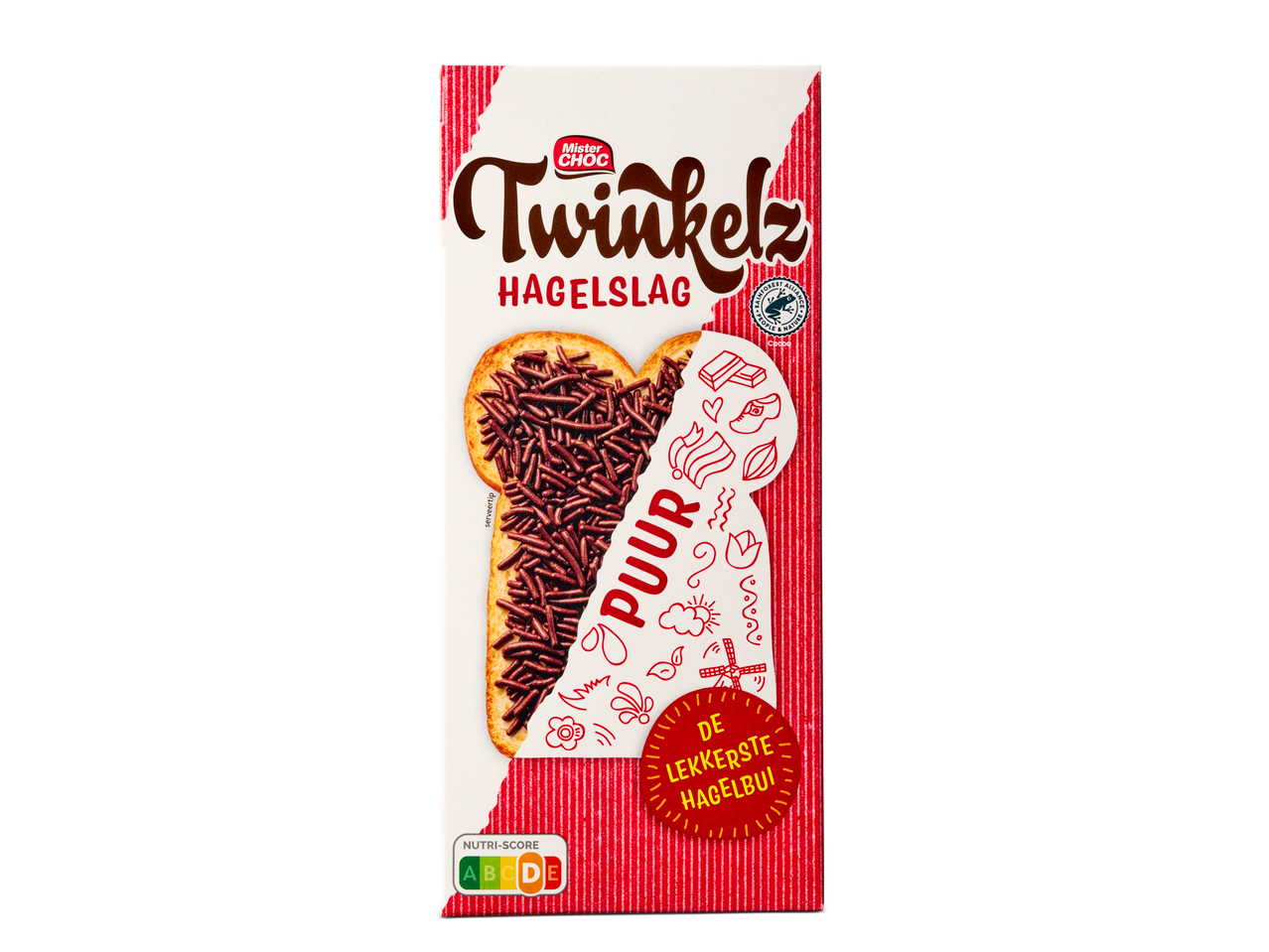 Mister Choc Twinkelz Hagelslag Puur (pure chocoladehagelslag) verpakking.