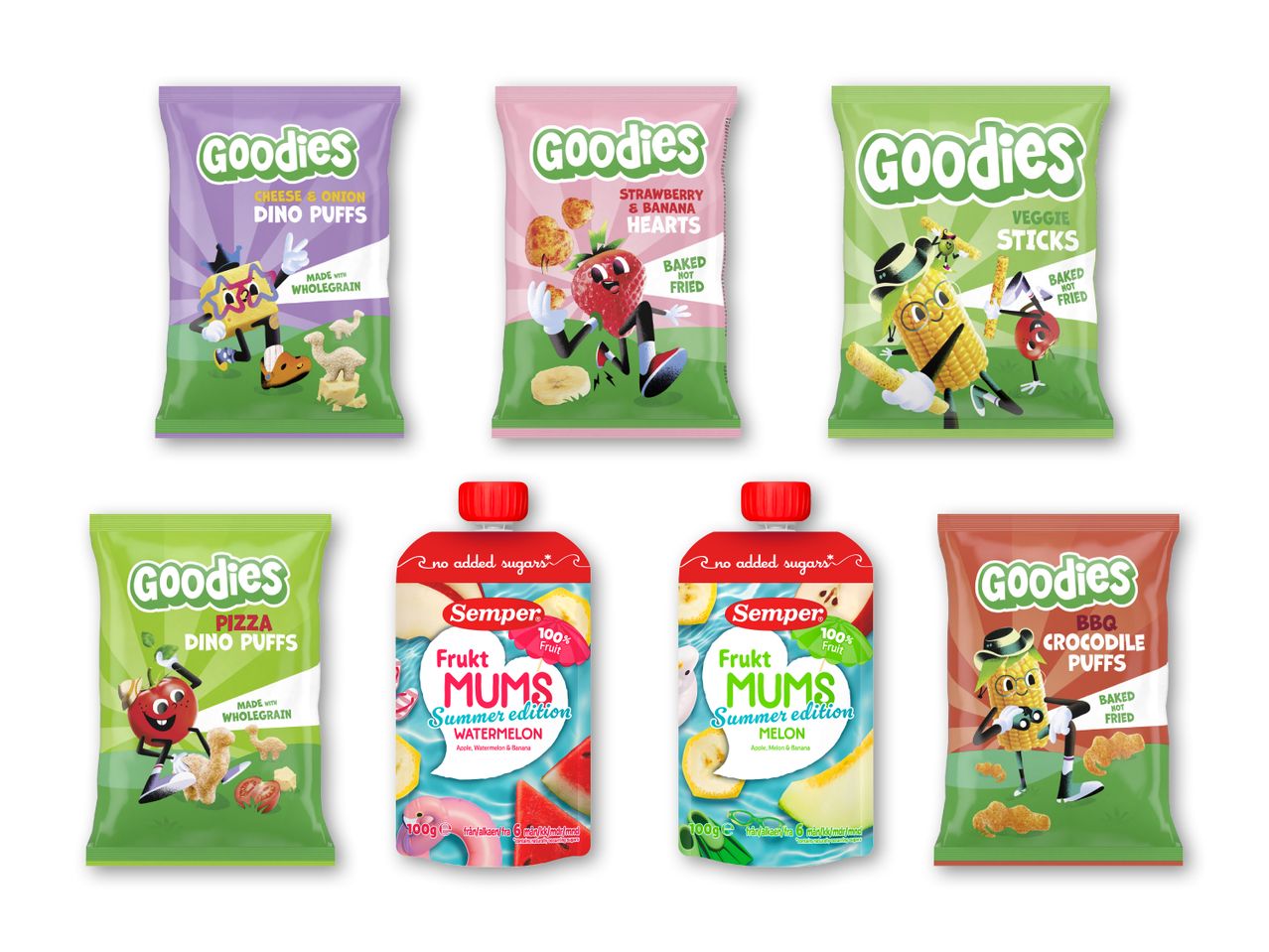 En række børnesnacks, herunder puffede snacks med forskellige smagsvarianter og frugtpuréer.