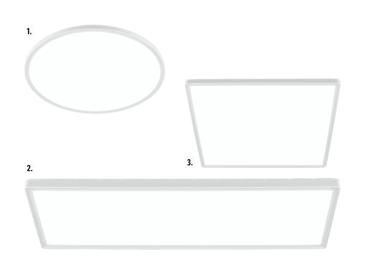 Trois plafonniers LED de formes différentes : ovale, rectangulaire et carrée.