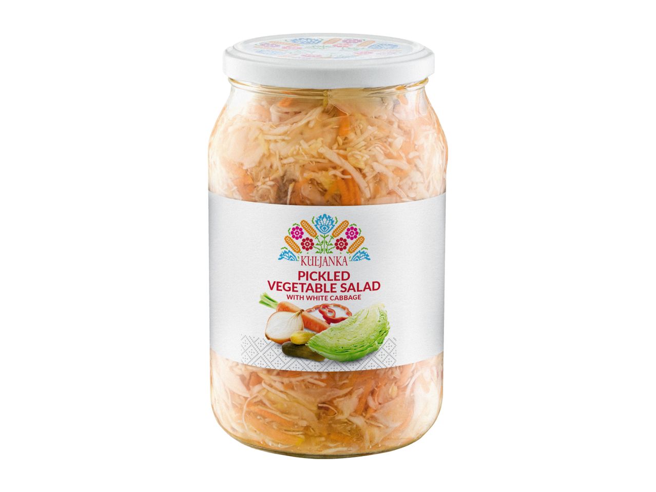 Jar of pickled vegetable salad with white cabbage, carrots, onions, and pickles.