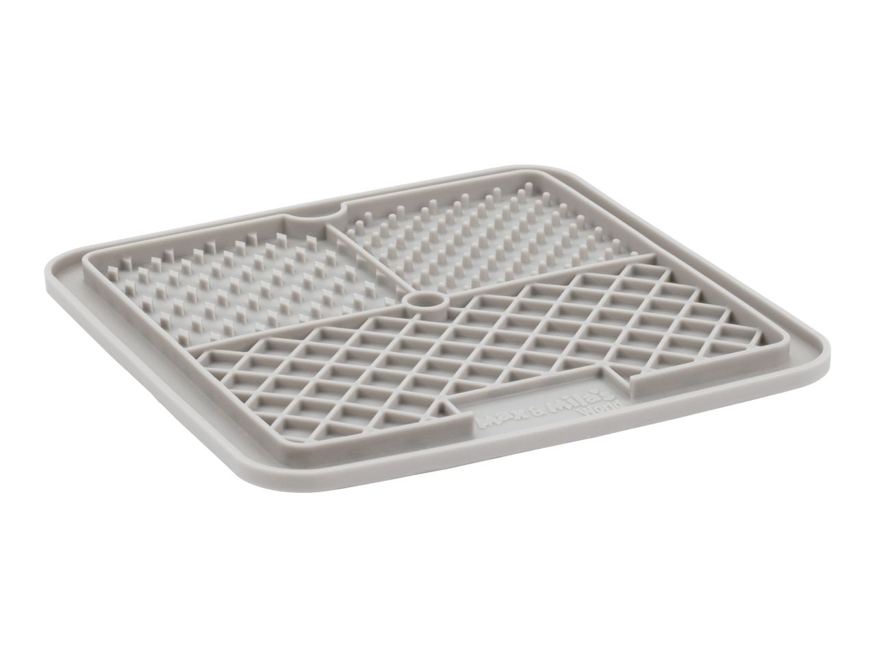 Grey silicone lick mat for pets with different textured sections