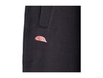 Close-up of black sweatpants with a pink wave logo.