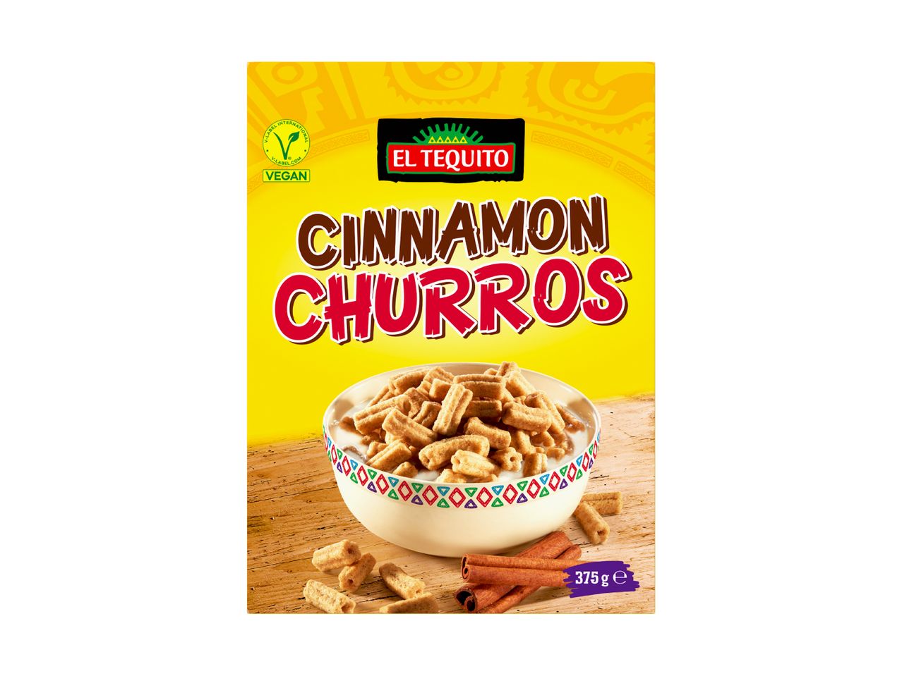 Cinnamon churros cereal in a bowl with milk, cinnamon sticks, and a vegan label.