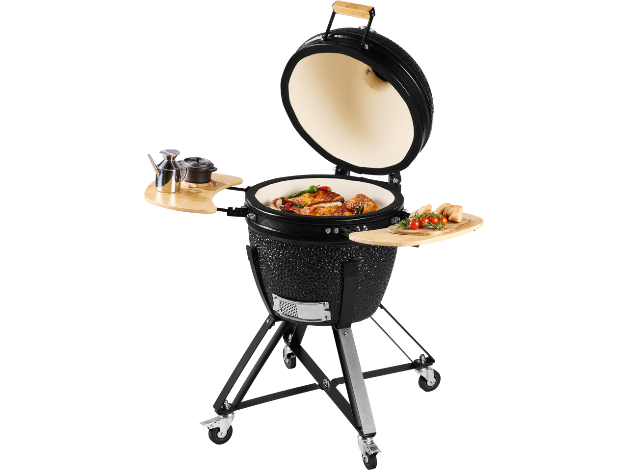 Grillmeister Ceramic Barbecue with food cooking inside and side tables with ingredients.