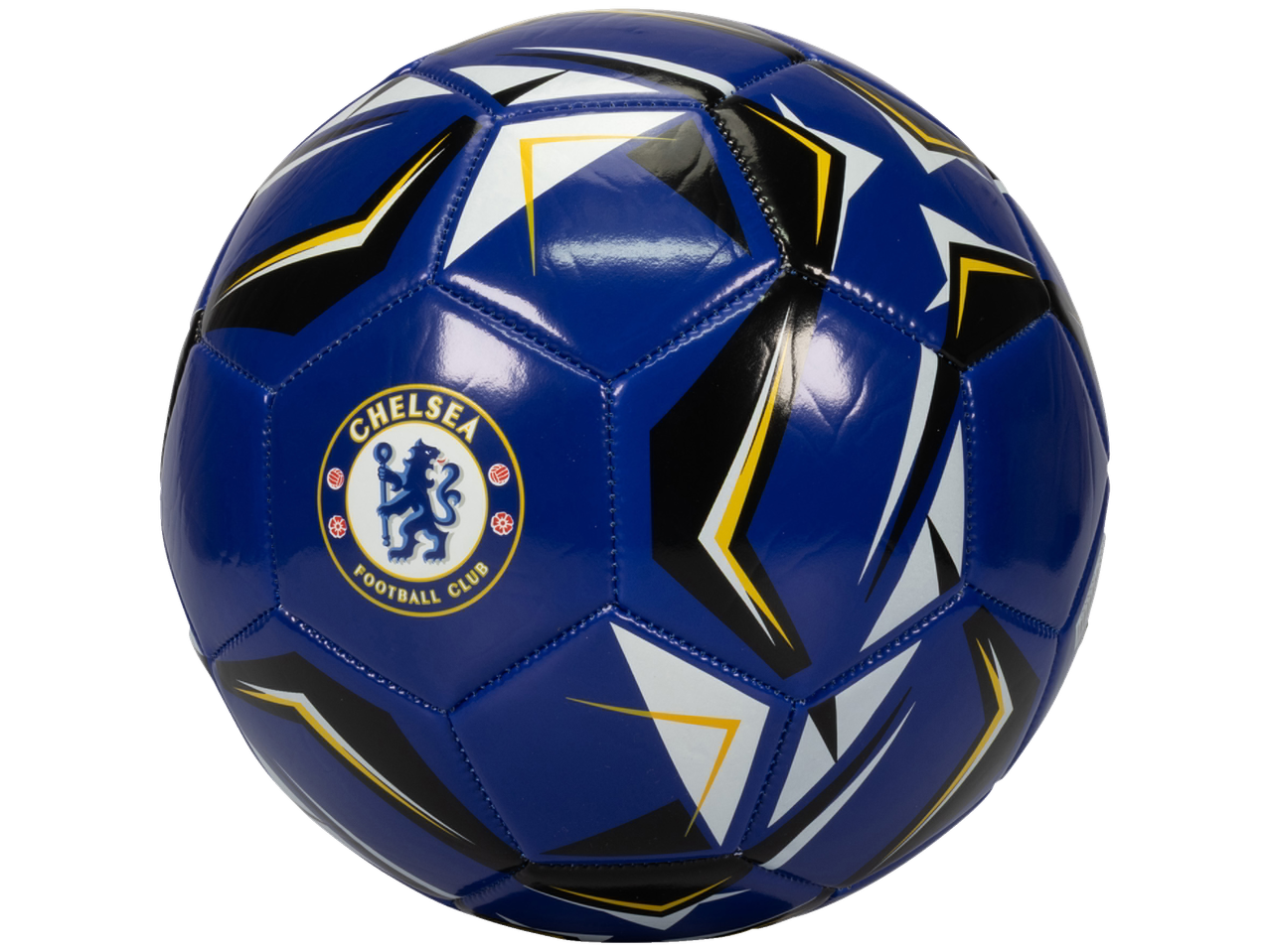 Blauwe voetbal met Chelsea Football Club-logo en zwart-wit-gele patronen.