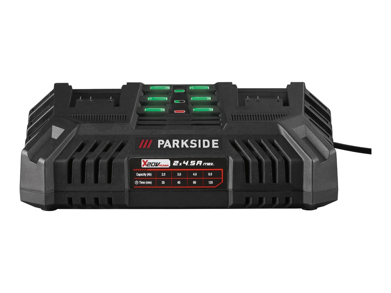 Black dual battery charger with green and red indicator lights, showing charging times for various capacities.