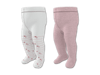Zwei Baby-Strumpfhosen: eine weiße mit rosa Herzen und Streifen, eine rosa.