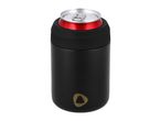 Black insulated can cooler with a red beverage can inside, featuring a gold logo.