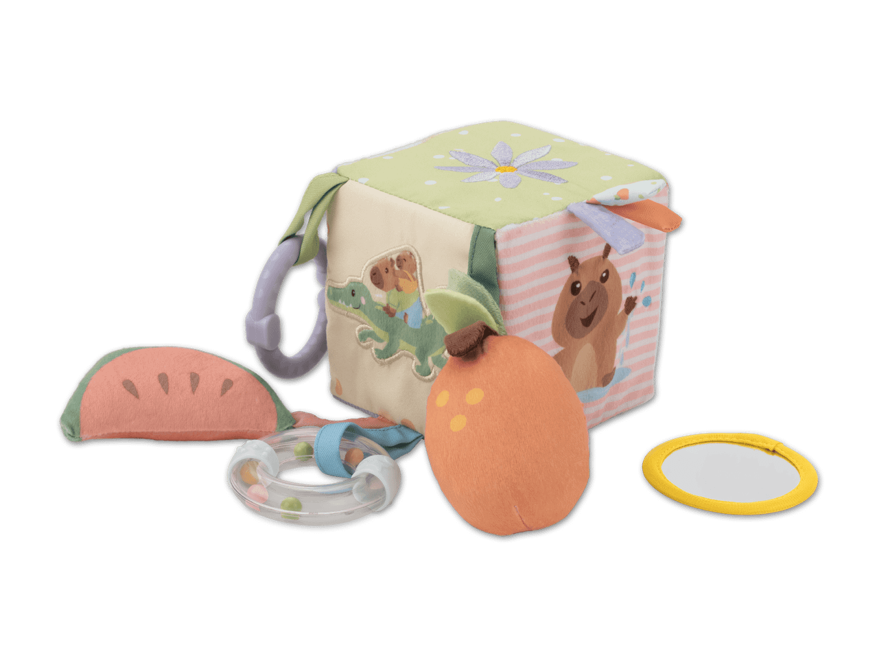Stoffwürfel mit Tiermotiven, Wassermelone, Rassel und Spiegel für Babys.