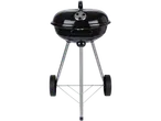 Black wheeled barbecue with lid.