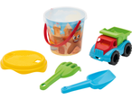 Lupilu Sand Toys: bucket with sandcastle print, sieve, rake, shovel, and dump truck.