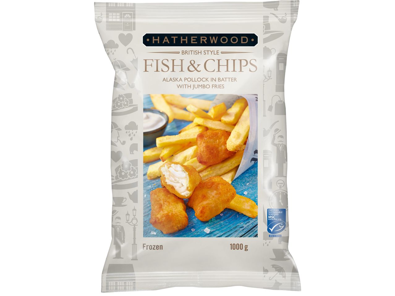 Замразен пакет Hatherwood Fish & Chips с пържени картофи и риба.