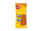 En gul slikpose med karamel- og kolastænger og en elefantmaskot på stylter.