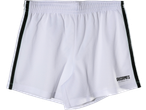White kids' training shorts with black side stripes and 'GRASSROOTS SPORTS' logo.