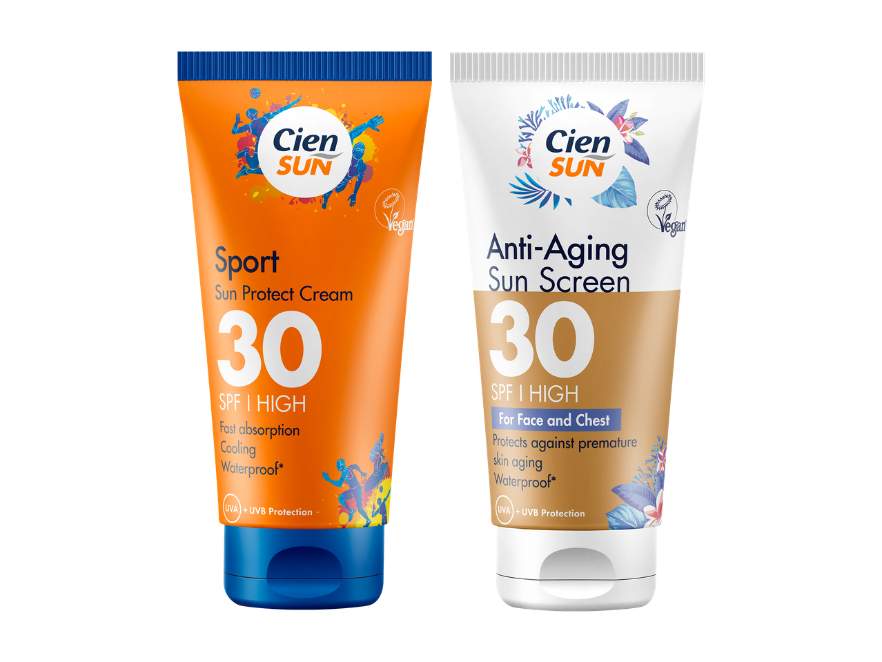 Kaksi aurinkosuojavoidetta: oranssi urheiluvoide ja valkoinen ikääntymistä ehkäisevä voide, molemmat SPF 30.