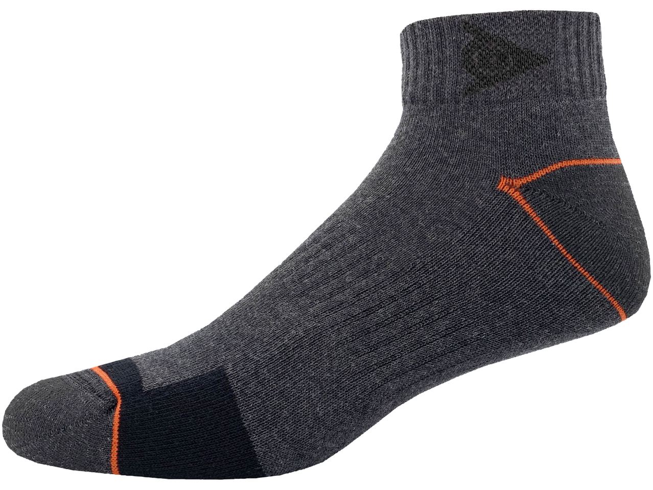 Gray ankle socks with orange accents.