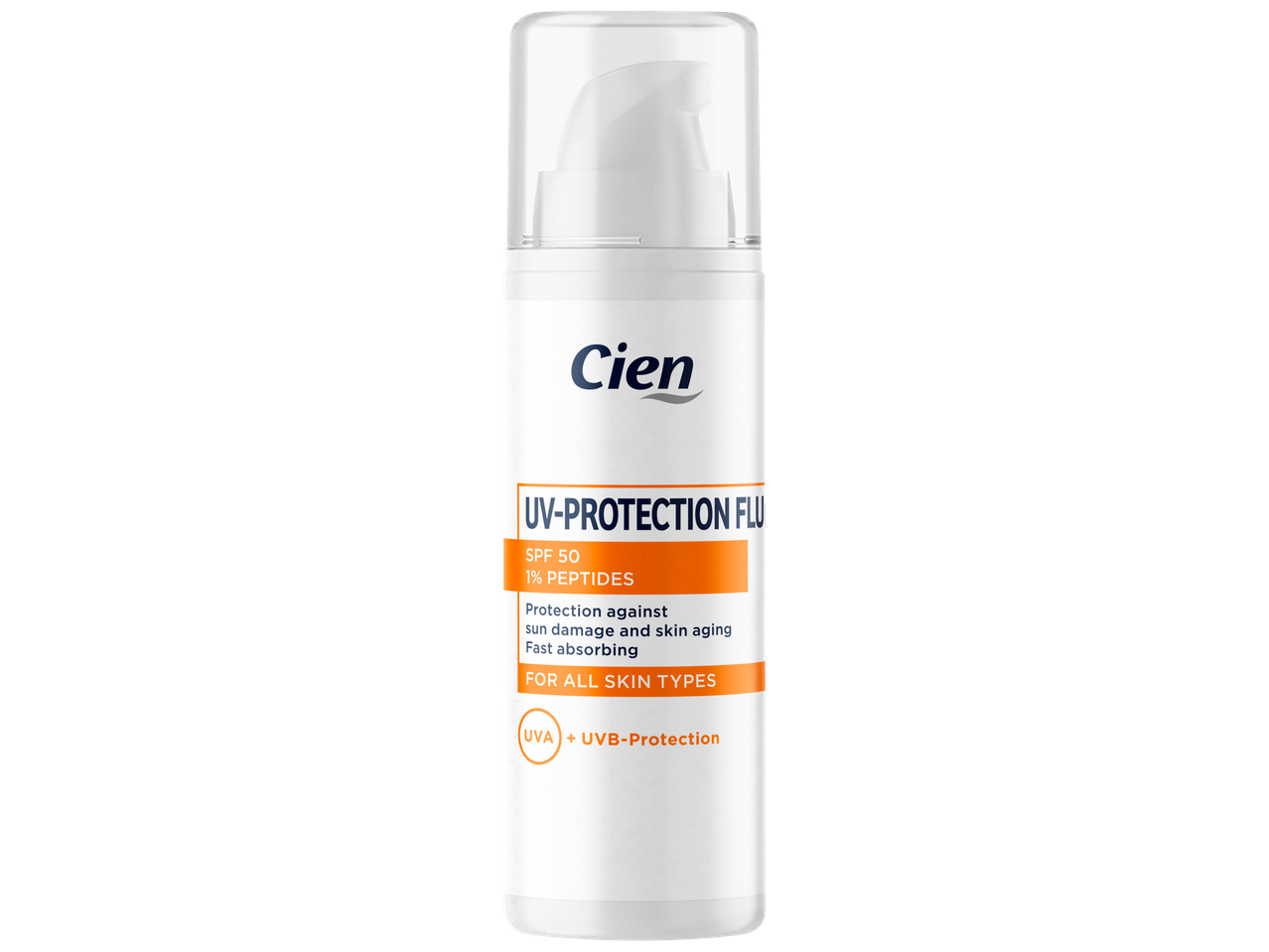 Cien UV-beschermingsfluïde met SPF 50 en 1% peptiden voor alle huidtypes.