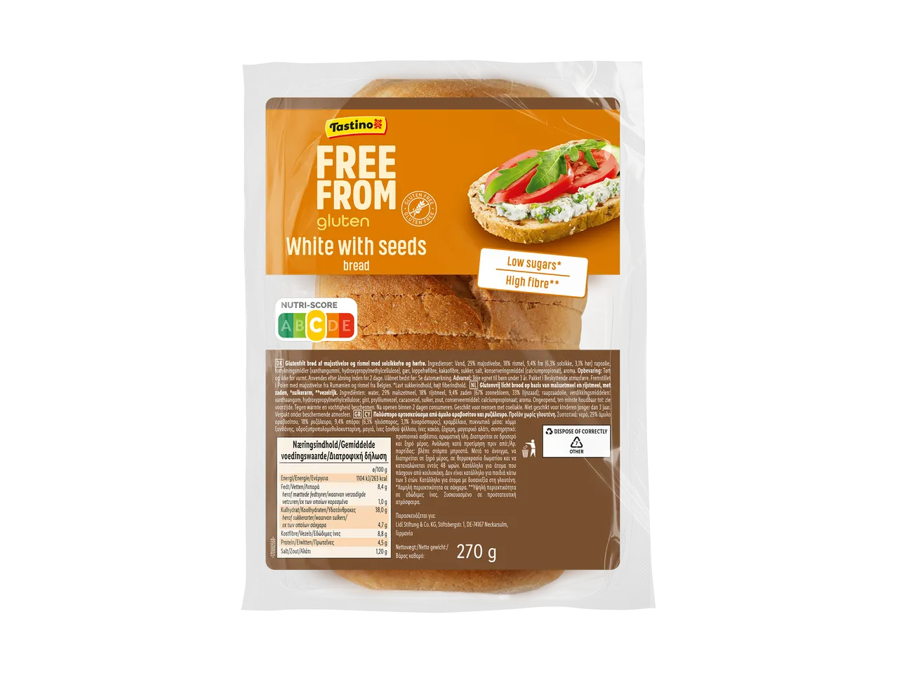 Glutenvrij witbrood met zaden, laag in suiker en rijk aan vezels, met Nutri-Score B.