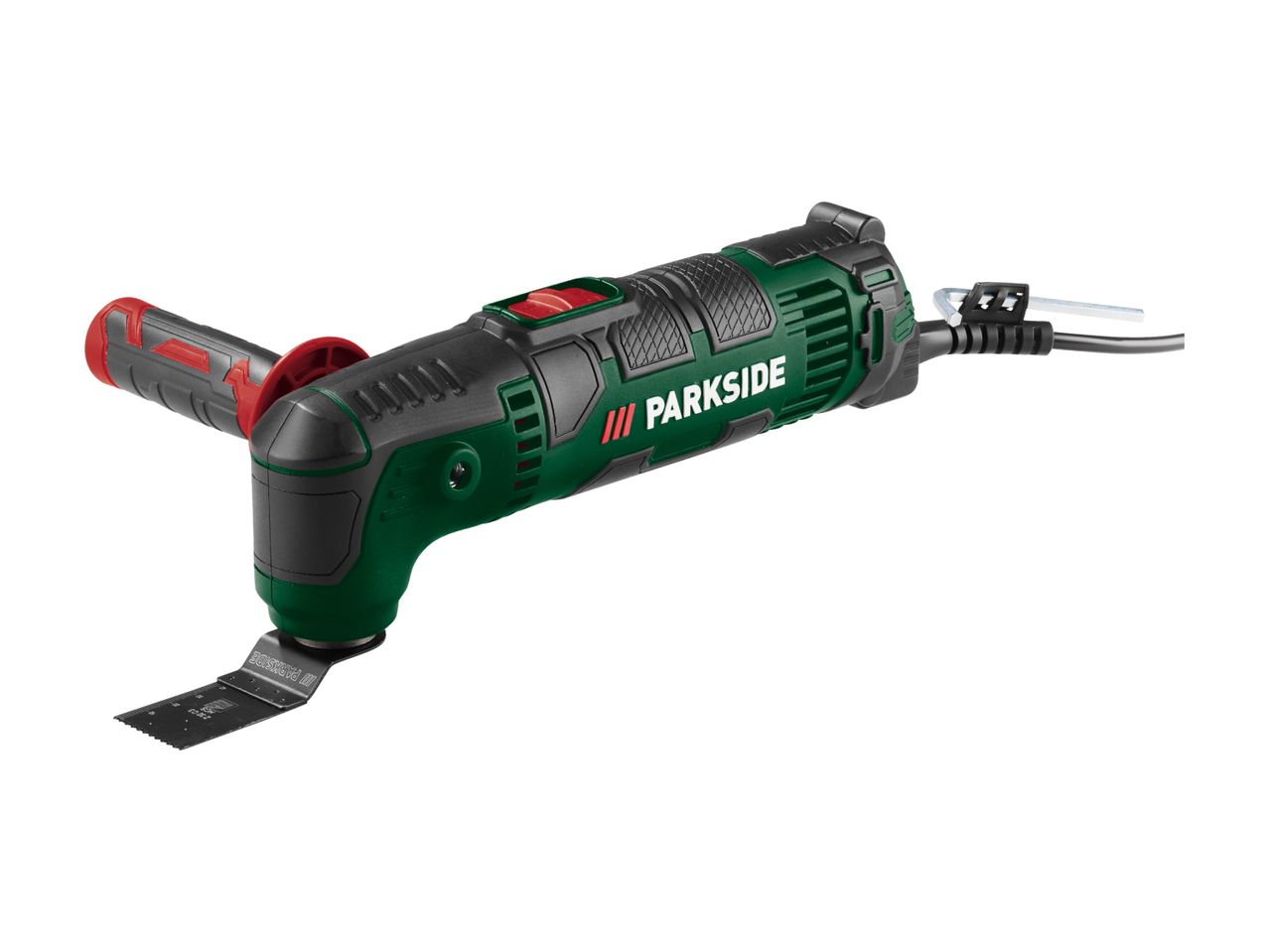 Green and black oscillating multi-tool with a red handle and a saw blade attachment.