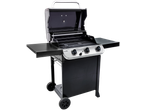 Grelhador a gás CHAR-BROIL em preto e prateado com tampa aberta e rodas.