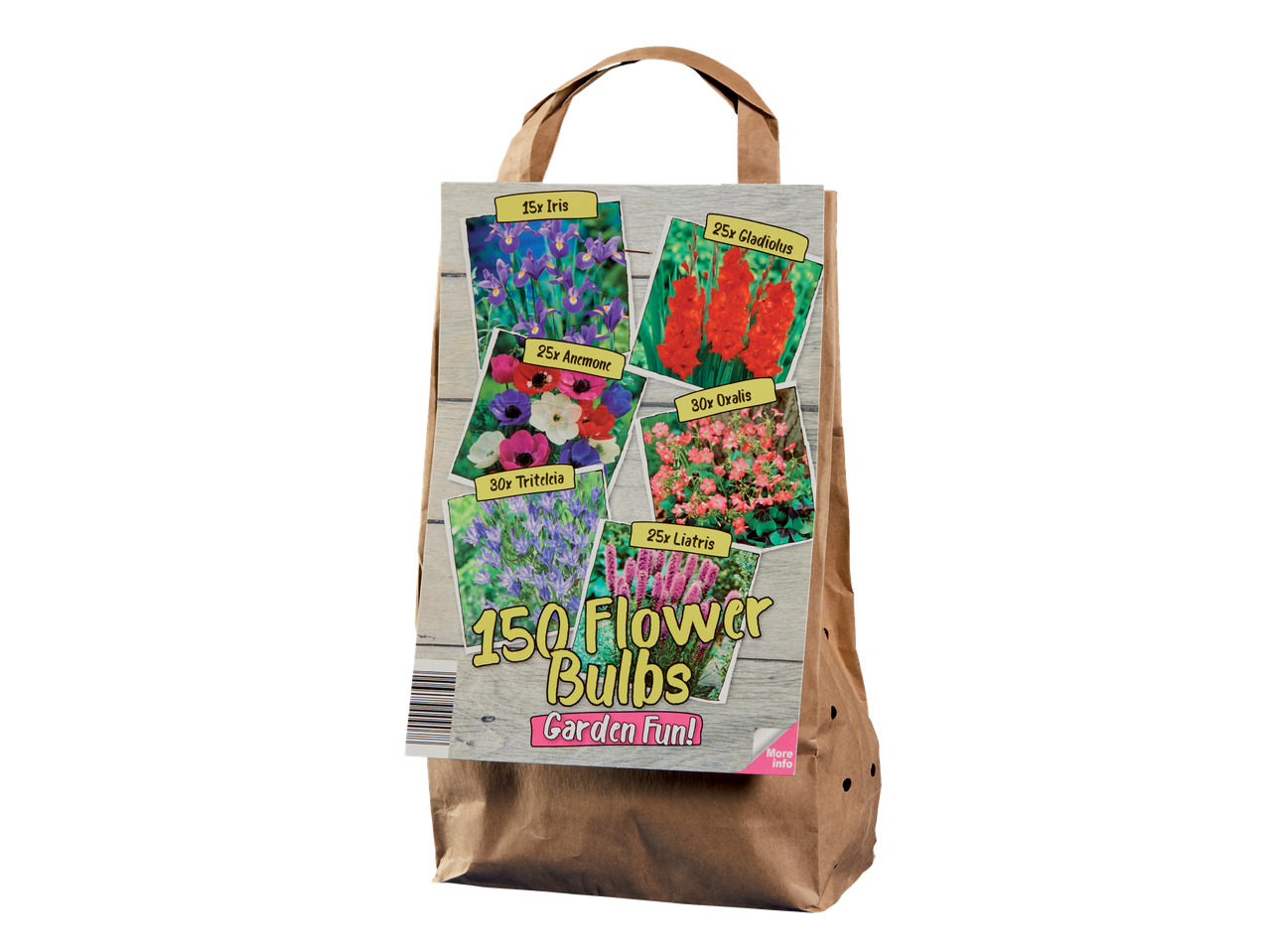 150 cvetnih lukovica, uključujući iris, anemone i gladiole, u papirnoj kesi.