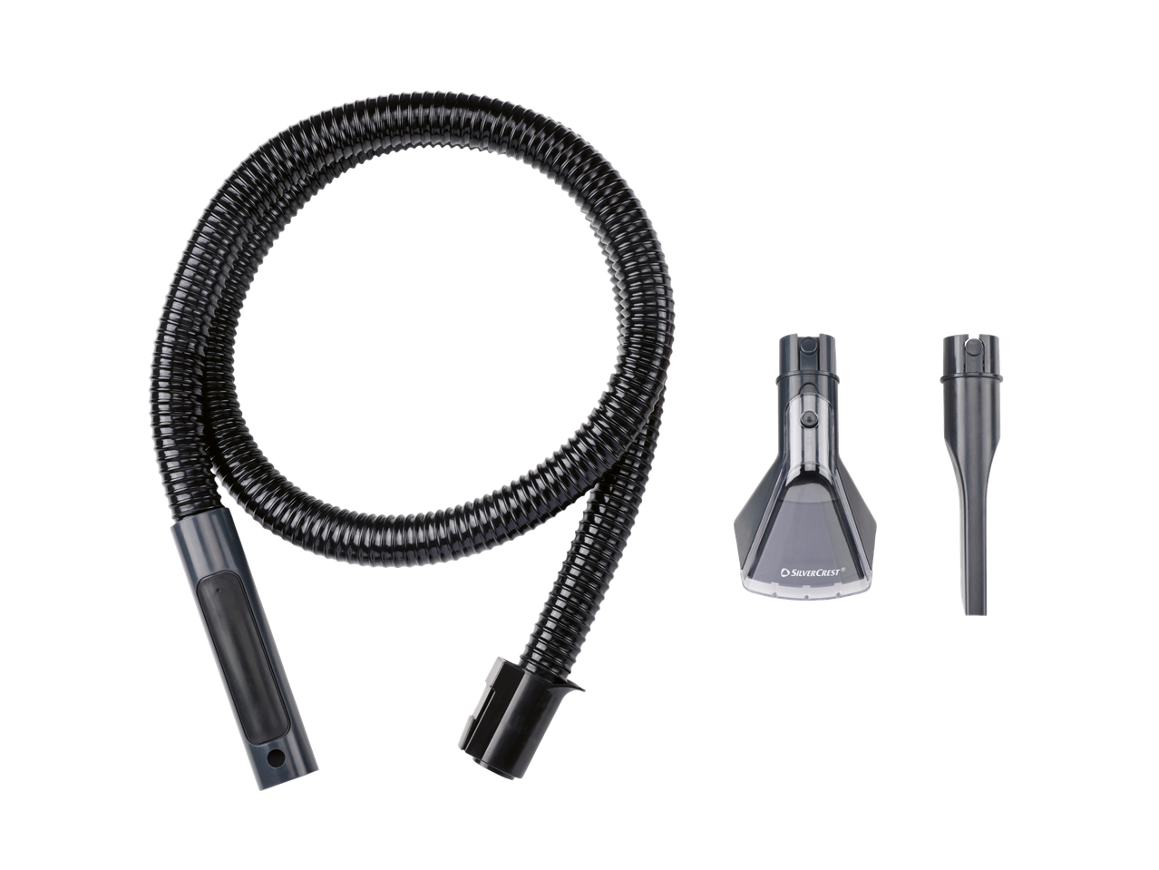 Furtun și două duze Silvercrest® pentru aparatul de curățat tapițerii și covoare cu acumulator.