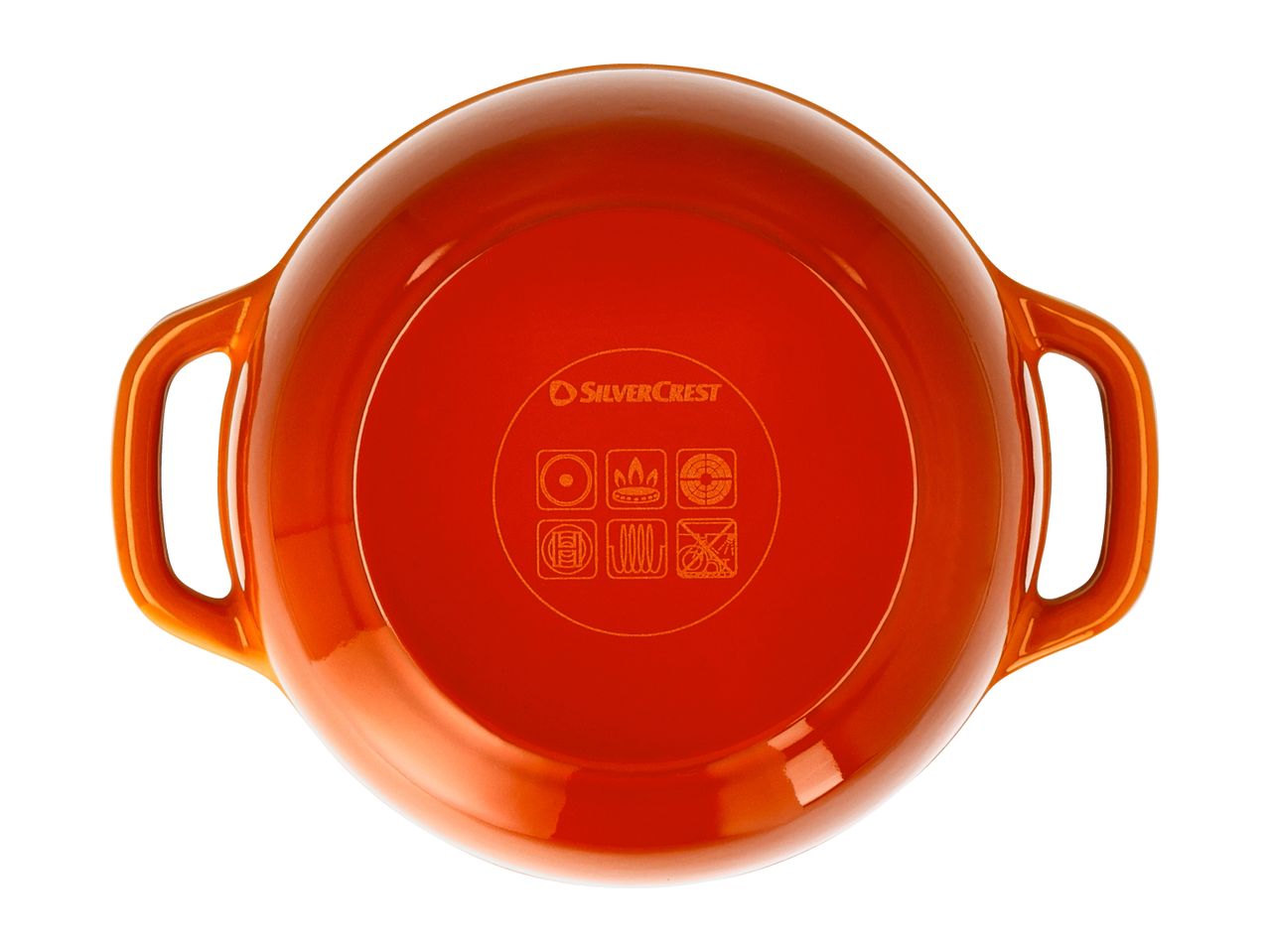 An orange SilverCrest cooking pot with handles, viewed from above, showing cooking symbols.