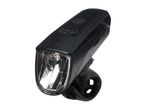 Black bicycle headlight with a clear lens and a mounting strap, angled view.