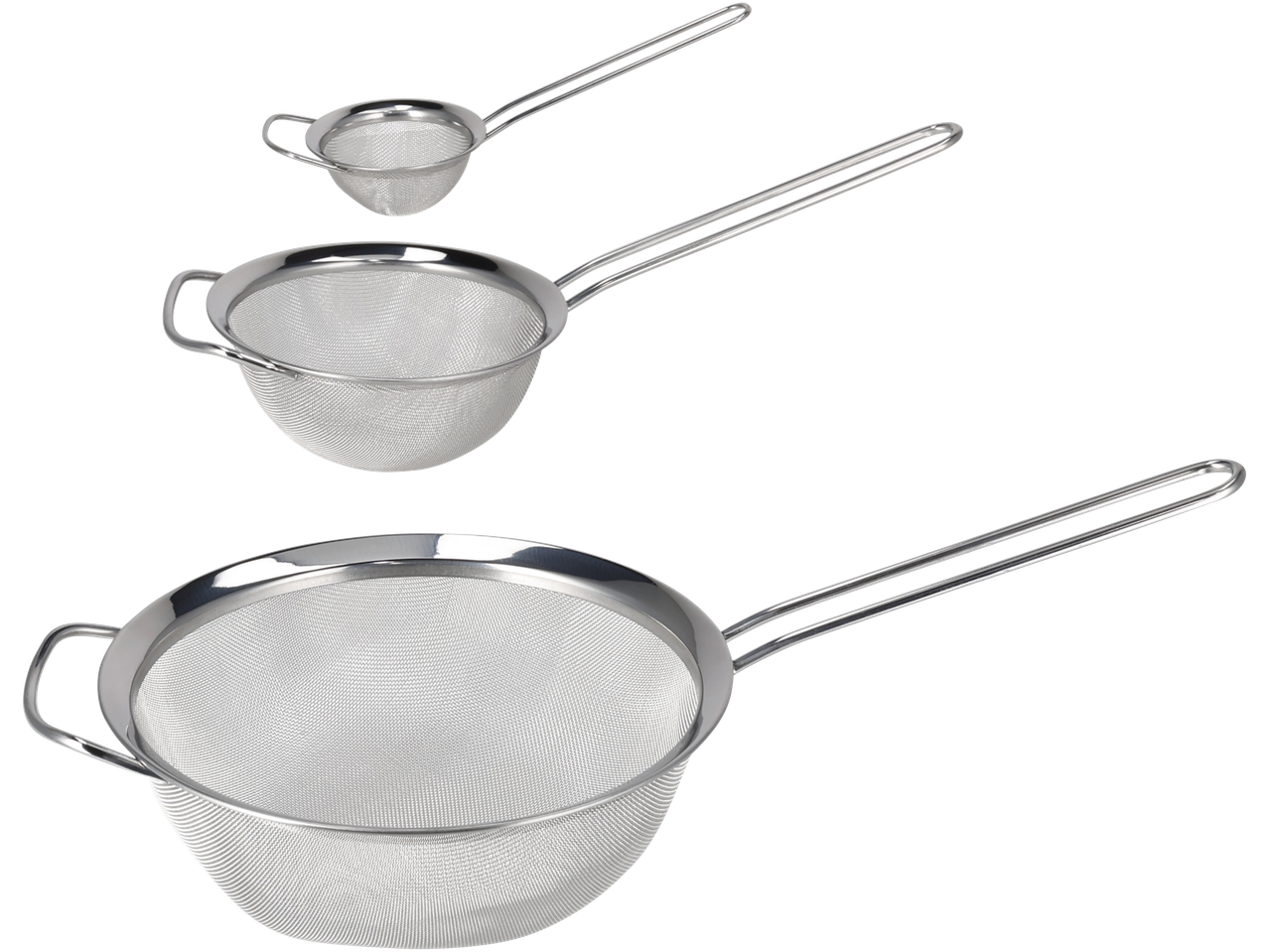 Trīs nerūsējošā tērauda virtuves sietu komplekts dažādos izmēros