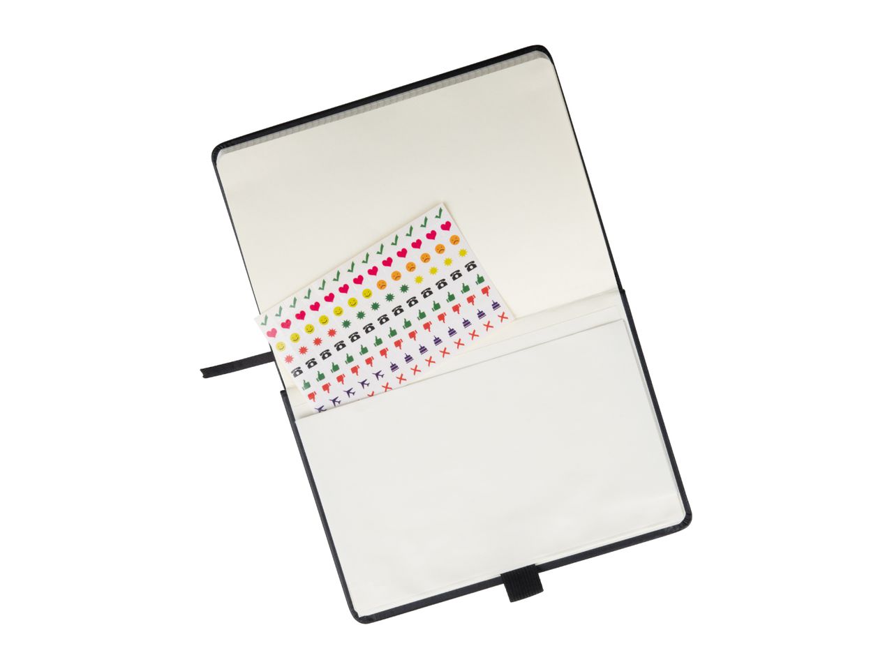 Open black notebook with a sheet of colorful planner stickers featuring various icons.