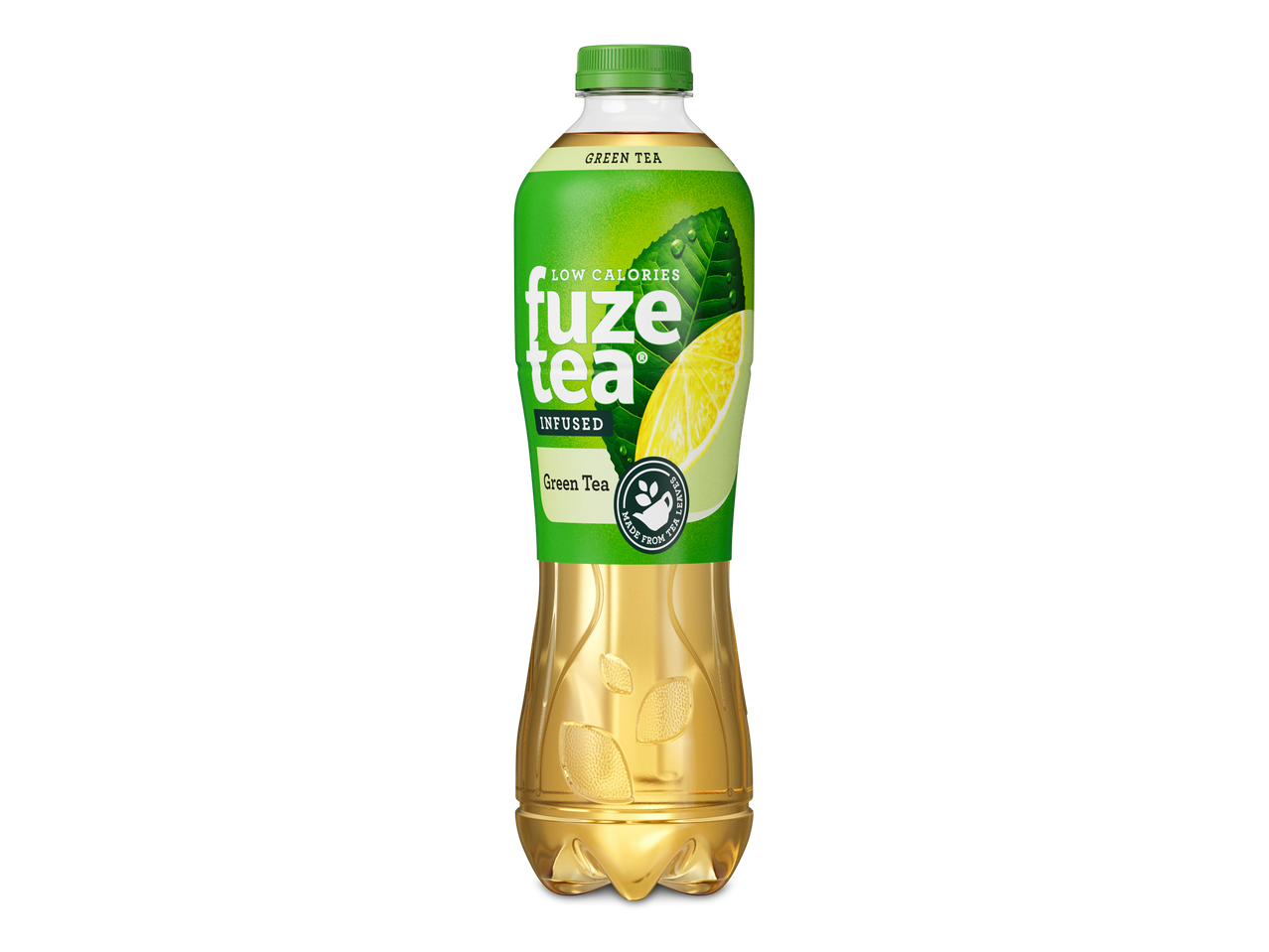 Fles groene thee met citroen en muntblaadjes, met de tekst 'LOW CALORIES' en 'INFUSED'.