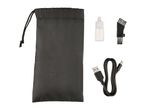A black carrying pouch, cleaning brush, oil bottle, and USB charging cable for a grooming device.