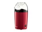 Red popcorn maker with a clear top and a black switch on a white background.