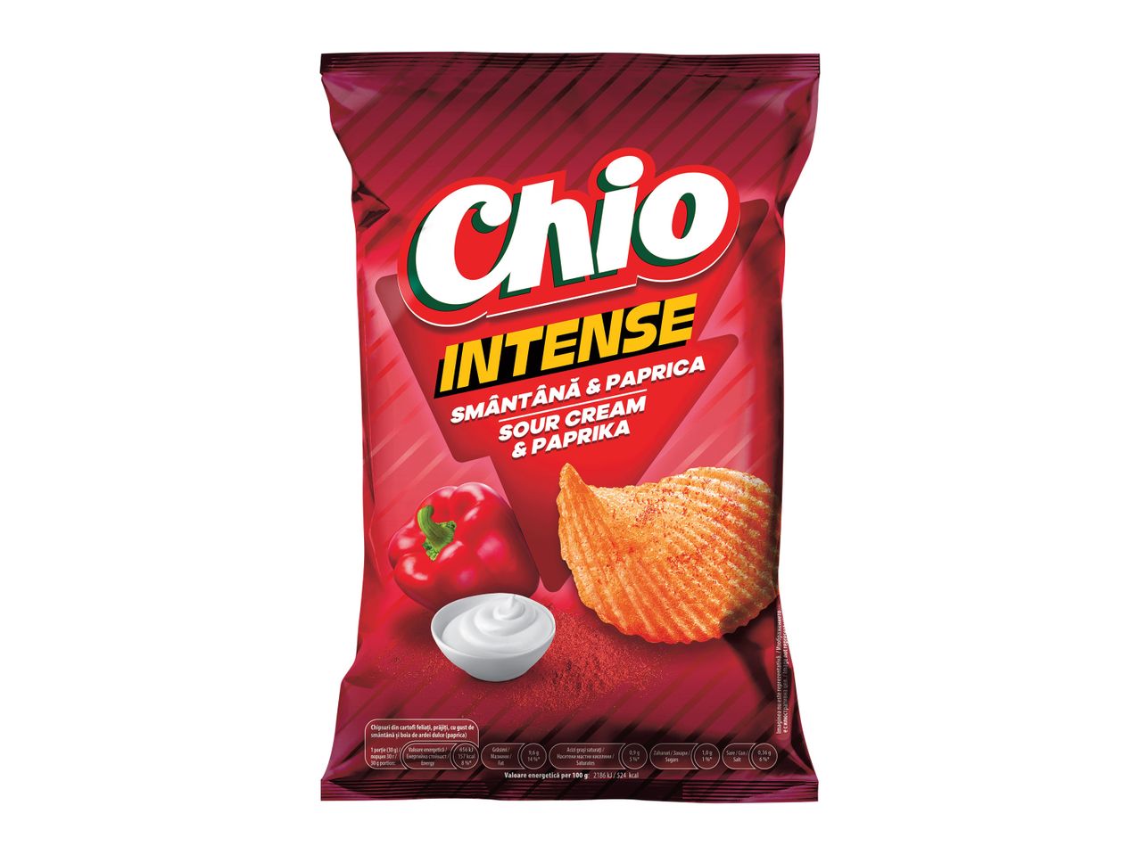 Pungă de chipsuri cu smântână și paprika, cu informații nutriționale.