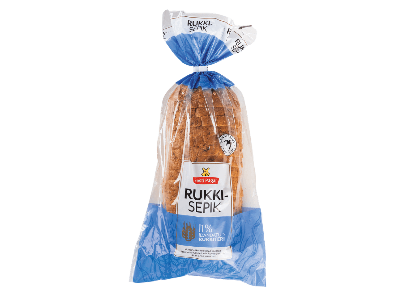Pakendatud viilutatud rukkileib, mille etiketil on tekst 'RUKKI-SEPIK' ja '11% IDANDATUD RUKKITERI'.