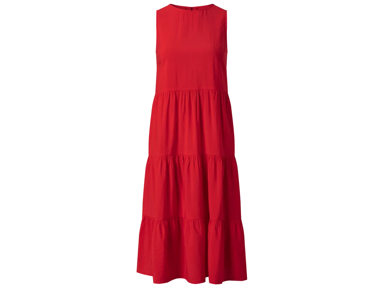 Robe longue rouge sans manches avec jupe à volants.